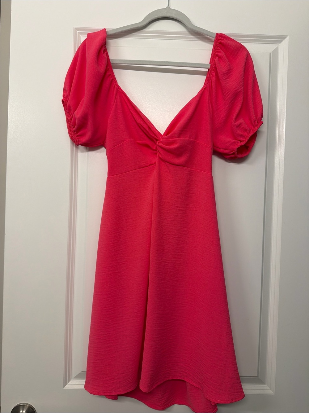 Altar'd State Hot Pink Puff-Sleeve V-Neck Mini Dress
